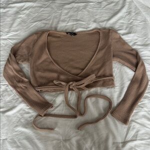 Brown/Tan Ribbed Wrap Crop Top